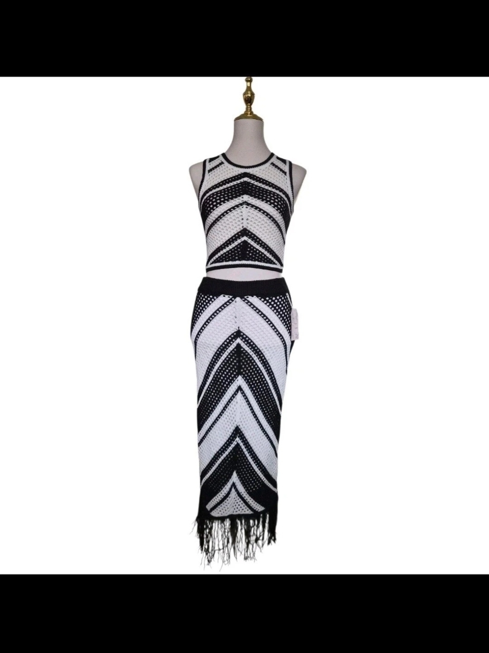 Willow & Wind Black Crochet Knit Two Piece Set M Crop Top Midi Skirt Fringe